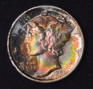 1943 Mercury Silver Dime Beautiful Rainbow Toning! Original Album color.