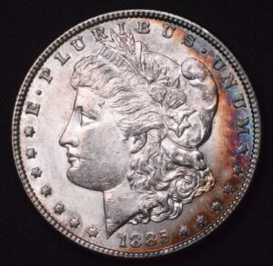 1885 Morgan Silver Dollar Beautiful Double Sided Crescent Blue & Orange Toned (Brilliant Uncirculated!)