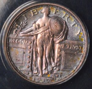 MONSTER PASTEL TONED 1917 STANDING LIBERTY QUARTER ANACS AU50 BU LOOK!!