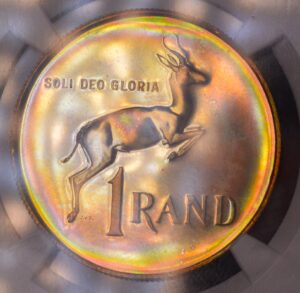 MONSTER EYE CANDY! South Africa 1967 Silver Rand Afrikaans KM-72.2 NGC Proof 64 Pastel Rainbow Toning!