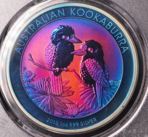 MONSTER TONED! 2013-P Silver Dollar Kookaburra PCGS Genuine UNC Details (Art Toned) but Professionally and On Purposely Toned this way!