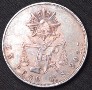 1871 Go Mexico Silver Balanza Balance Scale One Peso AU Cleaned / Toned!
