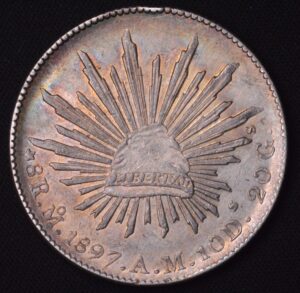 1897 Rainbow Pastel Toned Mexican 8 Reales Silver Coin BU!