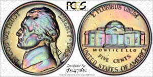 GORGEOUS RAINBOW IRIDESCENT TONED 1962 JEFFERSON NICKEL PCGS PR66 PROOF SET NEONS! TRUEVIEW.