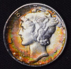 GORGEOUS RAINBOW TONED 1939 MERCURY SILVER DIME! BU CONDITION!
