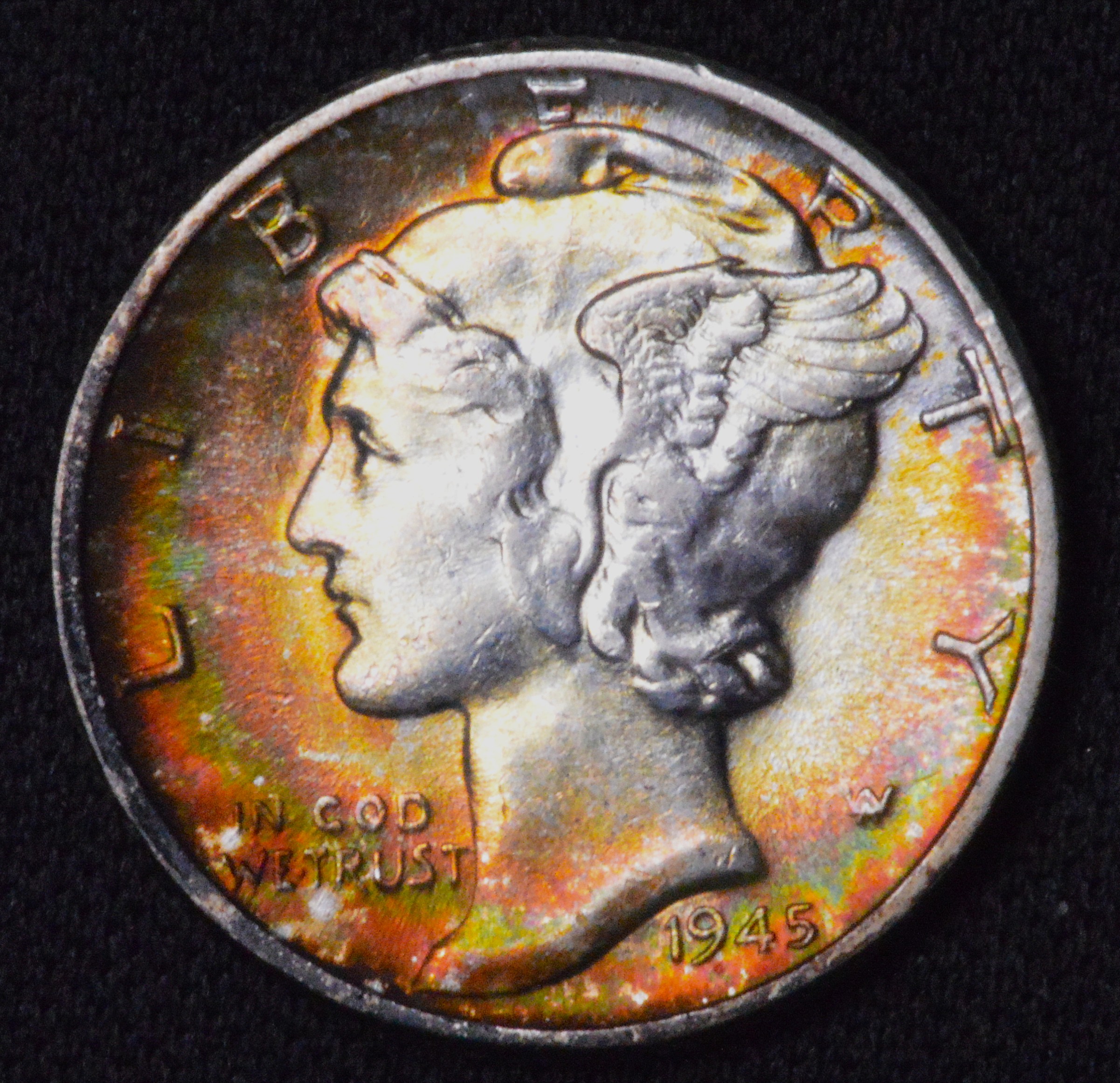 GORGEOUS RAINBOW TONED 1939 MERCURY SILVER DIME! BU CONDITION!