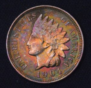 RAINBOW TONED 1904 INDIAN HEAD CENT AU GORGEOUS RAINBOWS!