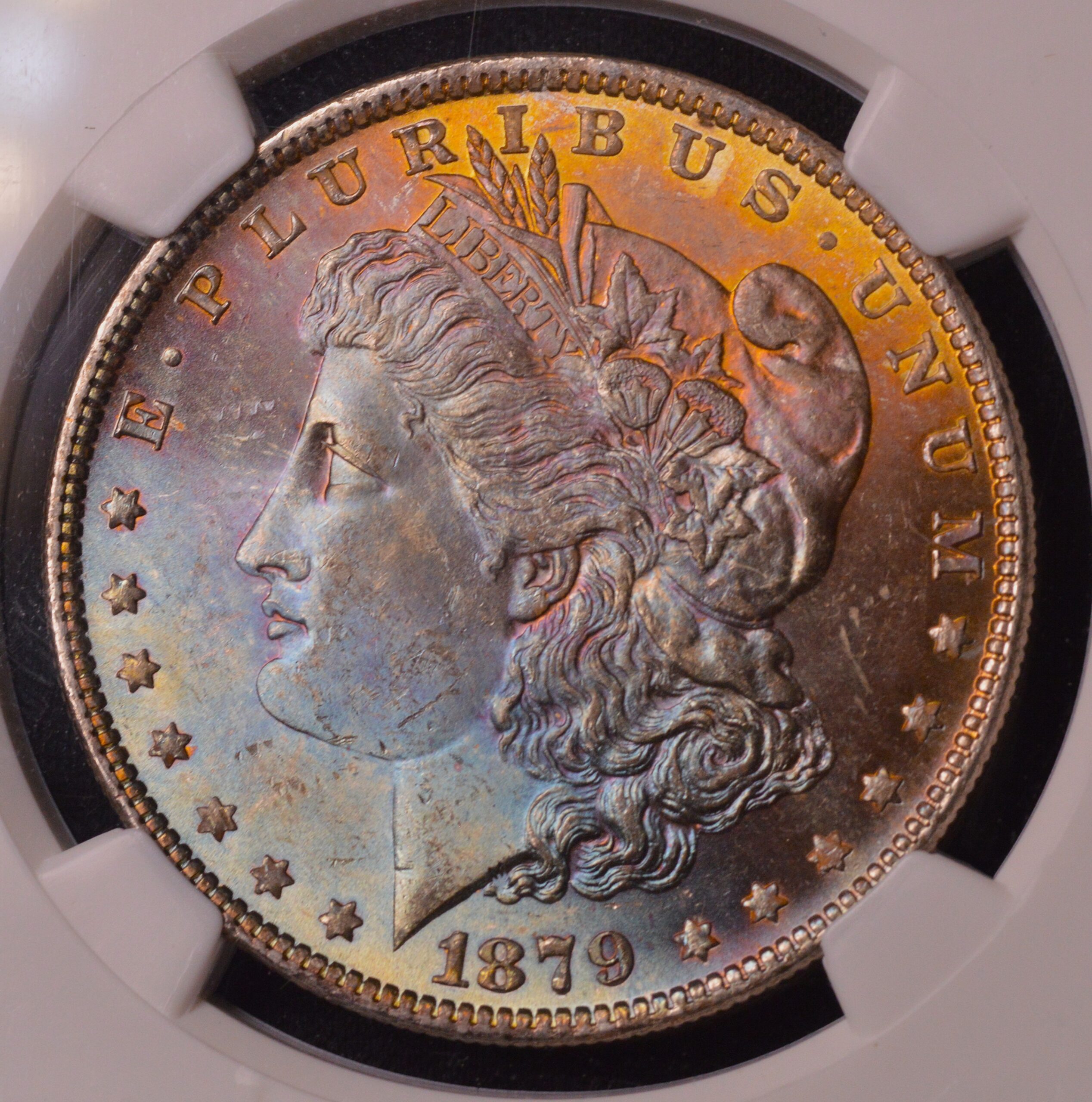 1879 MORGAN SILVER DOLLAR NGC MS63 * STAR BEAUTIFUL PASTEL RAINBOW TONING!