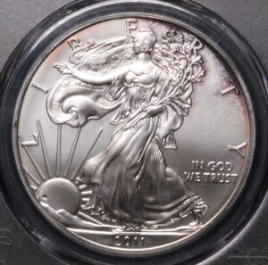 VERY RARE! 2011 AMERICAN SILVER EAGLE MINT ERROR PCGS MS67 STRUCK THROUGH OBVERSE, ERROR IN SUN!