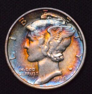 TO GET GRADED! BEAUTIFUL RAINBOW TONED 1939 SILVER MERCURY DIME AU GREAT COLOR! BLUE HORIZONS!