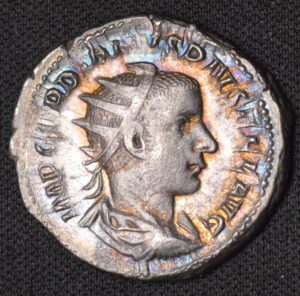 GORGEOUS RAINBOW TONED EMPEROR GORDIAN III SILVER DENARIUS!