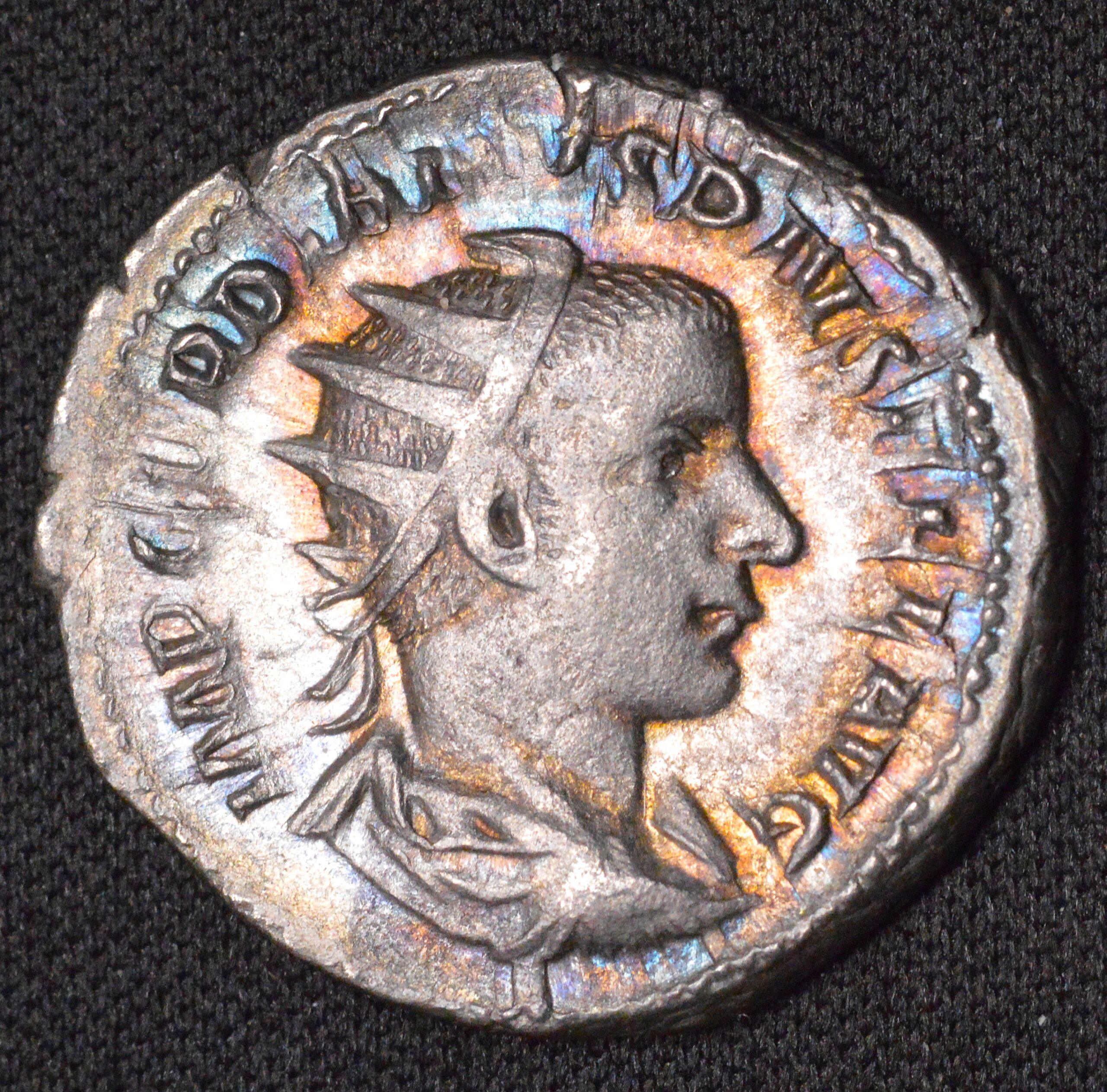 GORGEOUS RAINBOW TONED EMPEROR GORDIAN III SILVER DENARIUS!